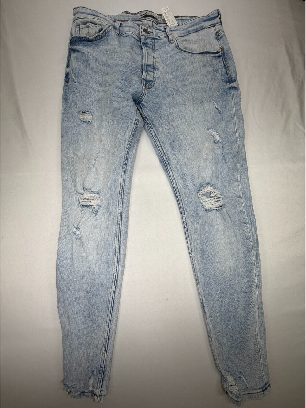Zara Men's Jeans Skinny Light Wash Mid Rise Distressed Denim Size 36 Blue